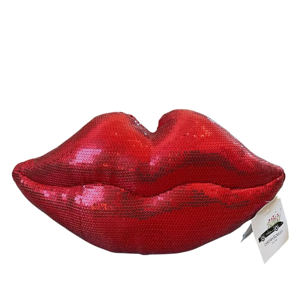 Cynthia Rowley Red Sequin Lips Shaped Pillow Valentines Day Love Kiss NEW